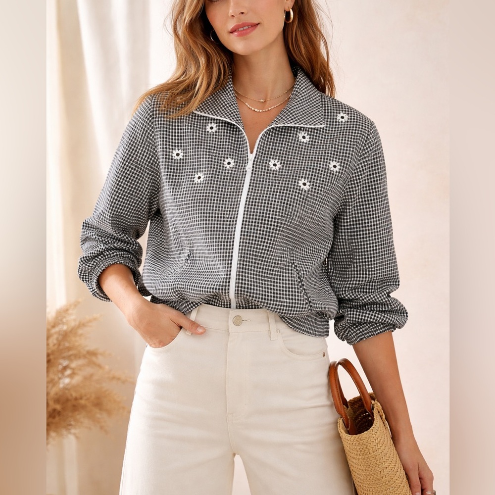 Alfred Dunner Black and White Gingham Bomber Jacket